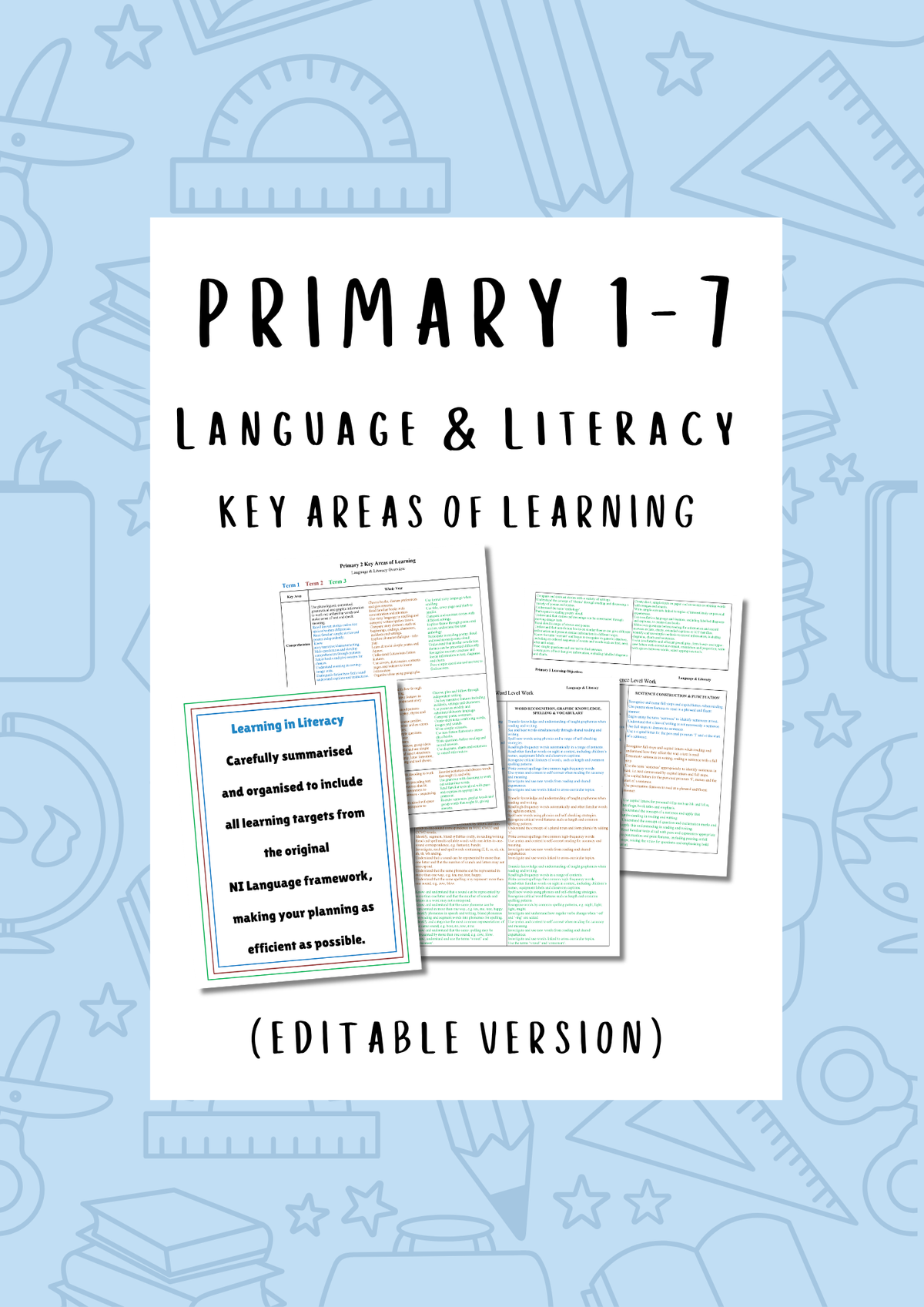 P1 - P7 Language & Literacy Key Areas of Learning (Editable)