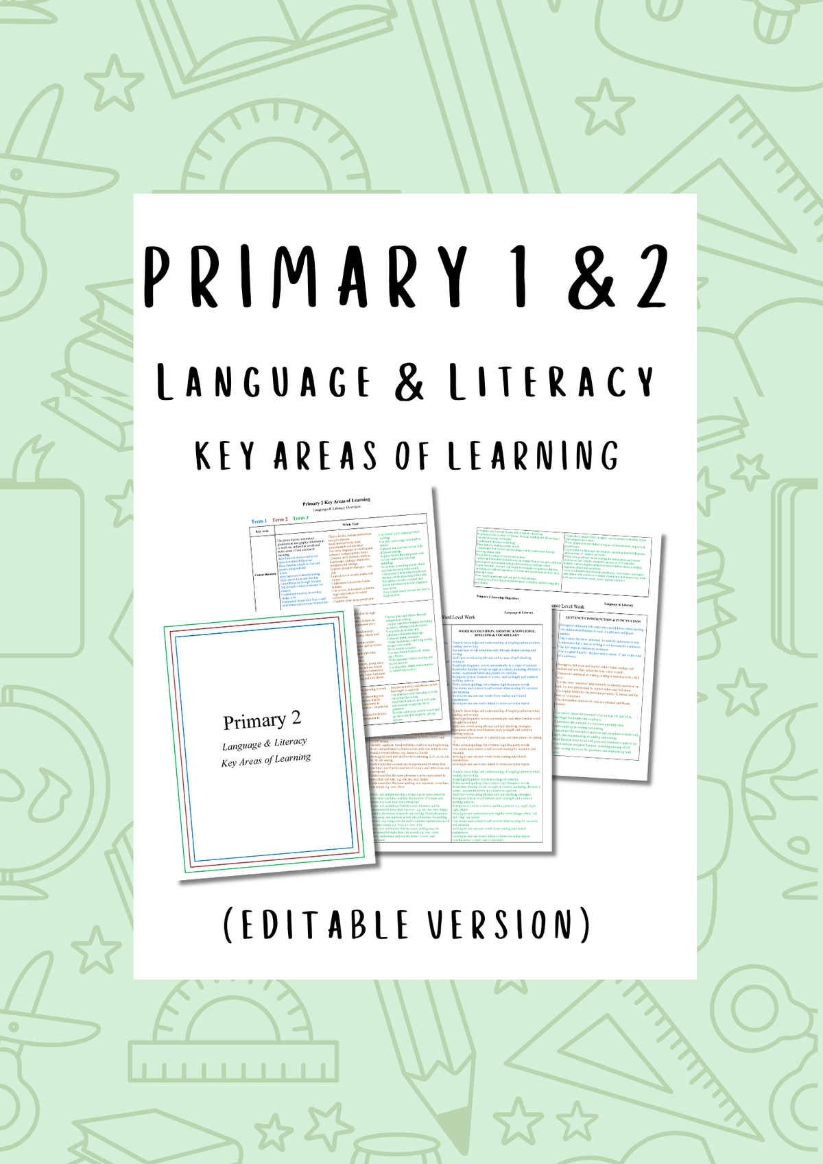 P1&P2 Language & Literacy Key Areas of Learning (Editable)