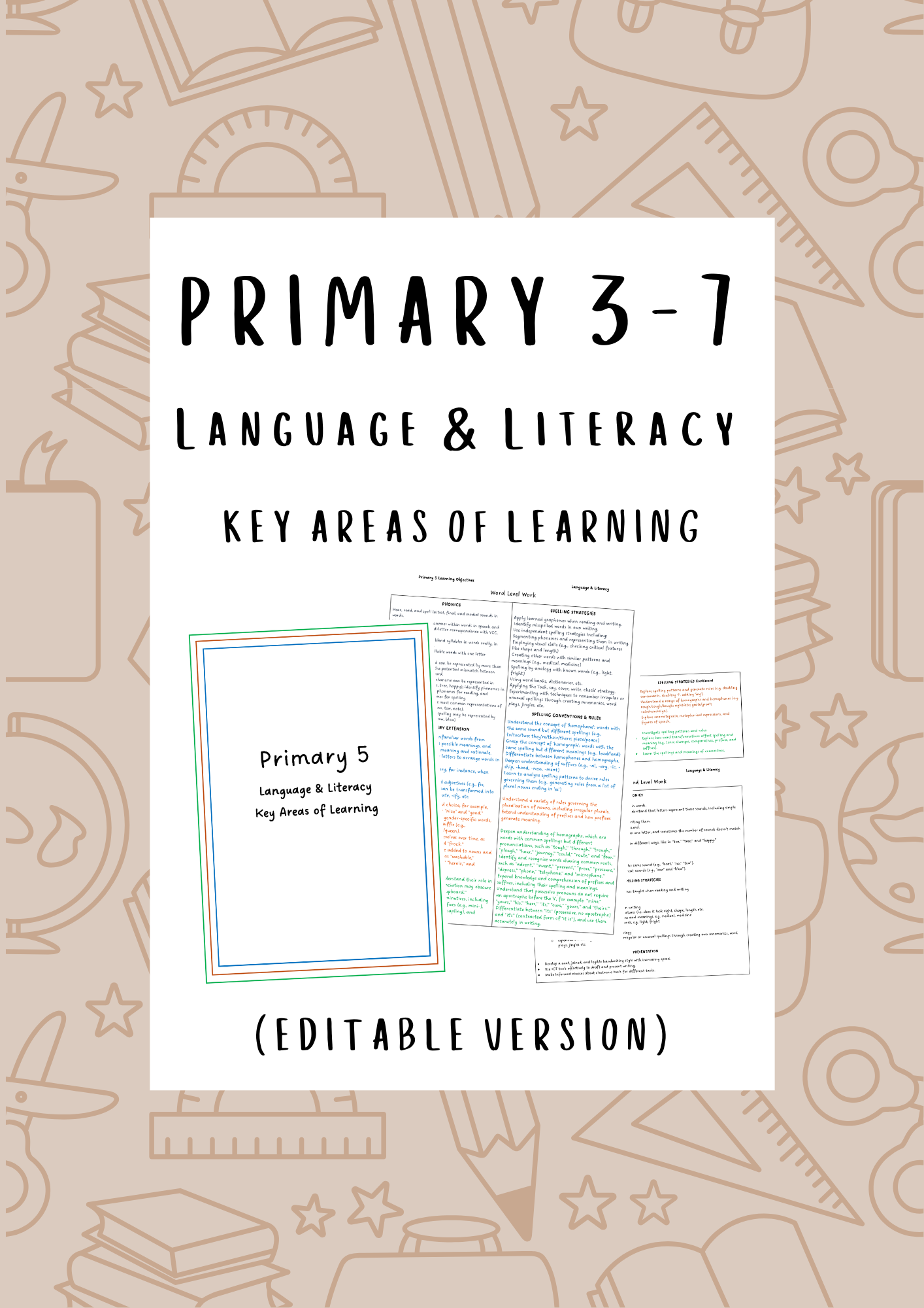 P3-P7 Language & Literacy Key Areas of Learning (Editable Version)